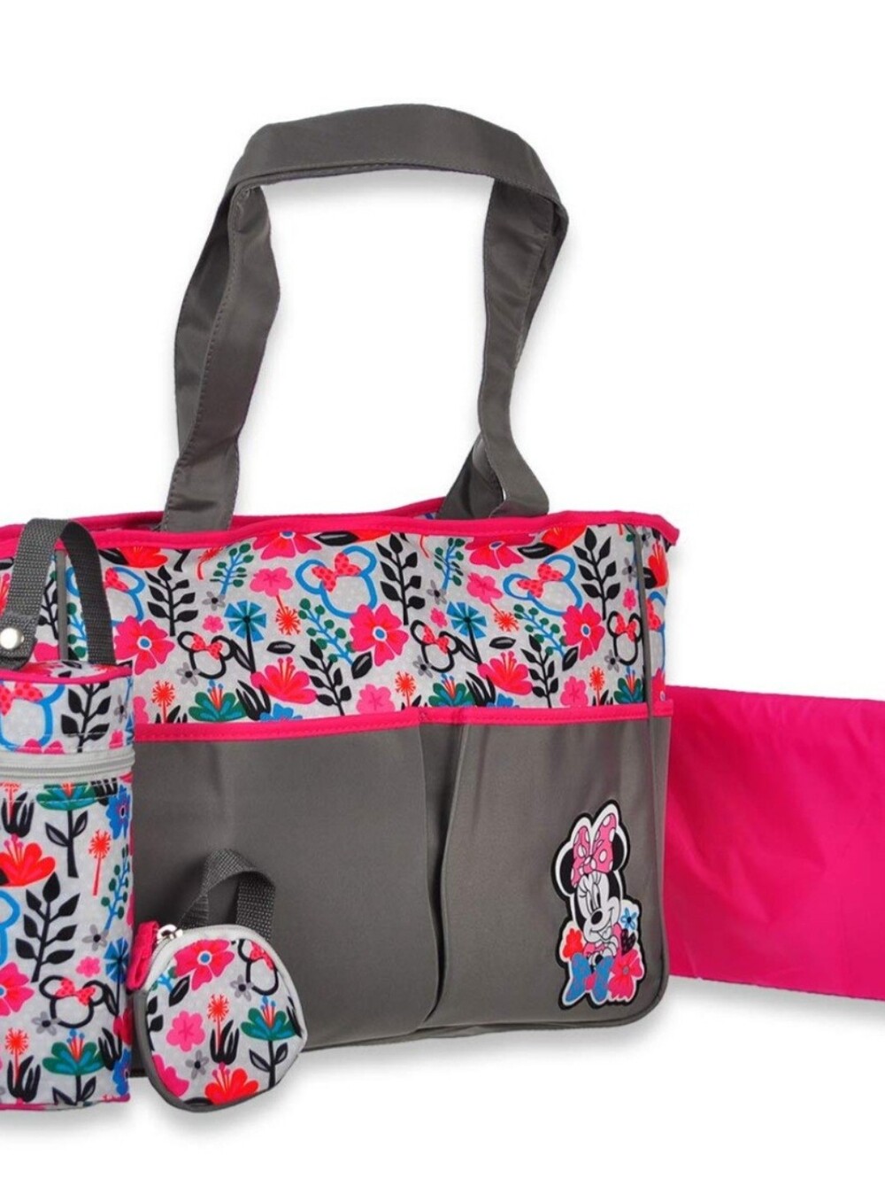 DISNEY BABY MULTI- FUNCTIONAL TRAVEL TOTE DIAPER BAG SET. MINNIE MOUSE FLORAL.